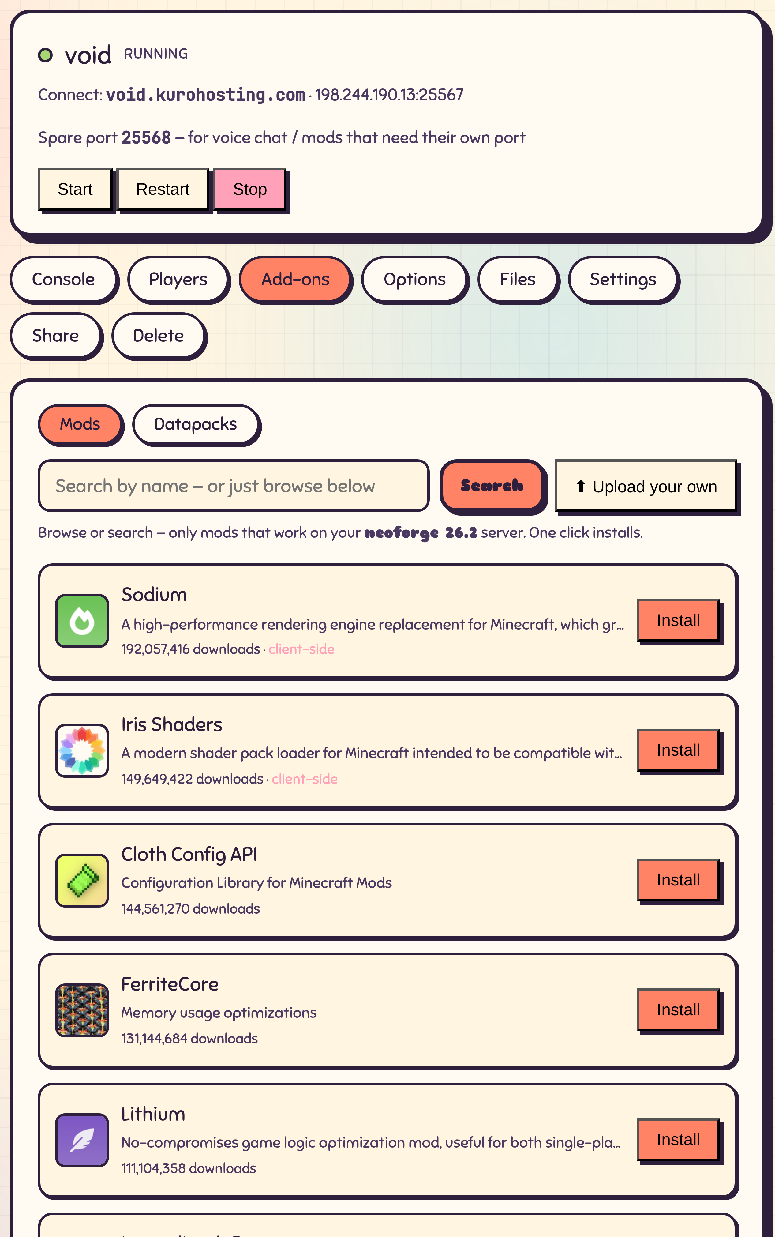 The KuroHosting control panel showing the one-click mod installer for a NeoForge server